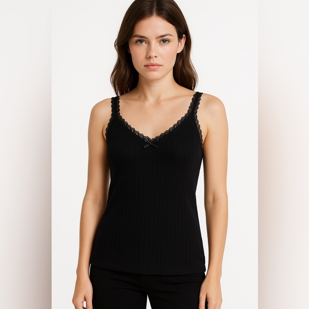 H&M Divided Women’s Black Ribbed Lace Trim Tank Top Coquette Y2K Basic Sz Small